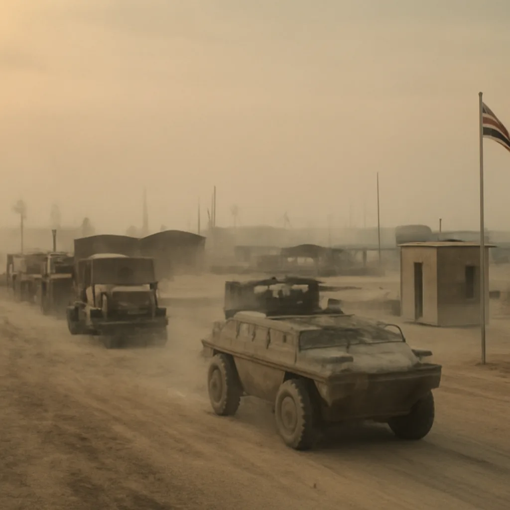 Iraqi military vehicles and troops entering Kuwait near the border shortly after the August 1990 invasion, with desert landscape and checkpoints visible.