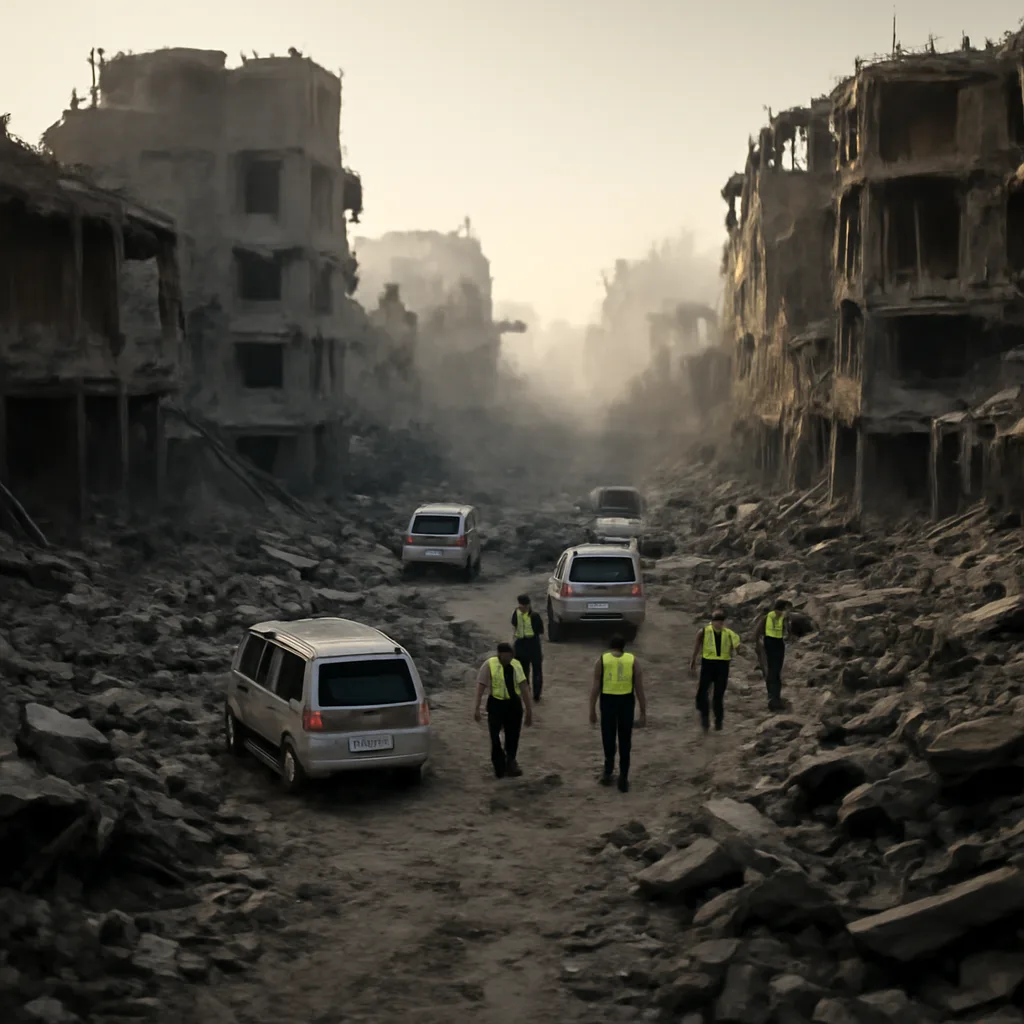 Damage in a Gaza neighborhood after airstrikes in July 2014, showing collapsed buildings, rubble-strewn streets and emergency responders at the scene.