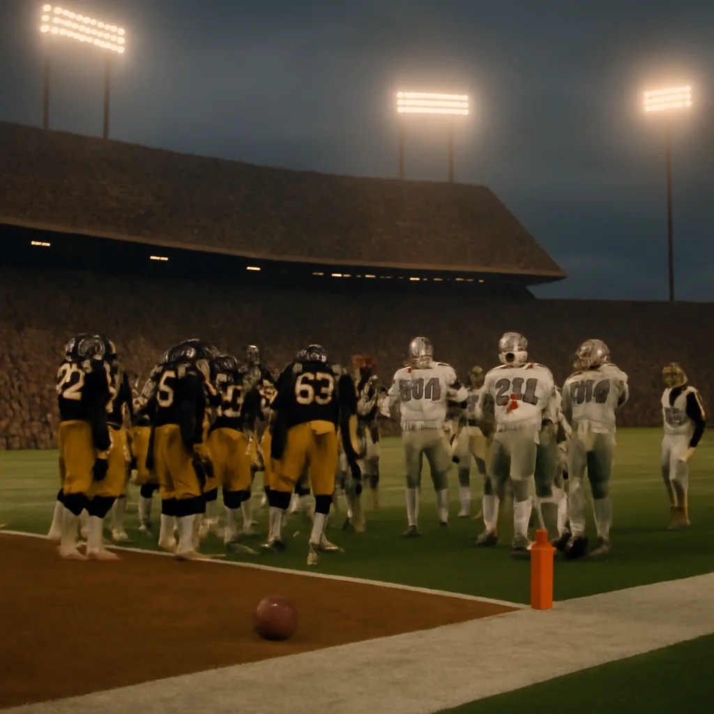 Late-1970s stadium scene showing teammates and opponents around the goal line during a Super Bowl play; a football on the field near the end zone, players in vintage Steelers and Cowboys uniforms, Orange Bowl turf and crowd in the background.