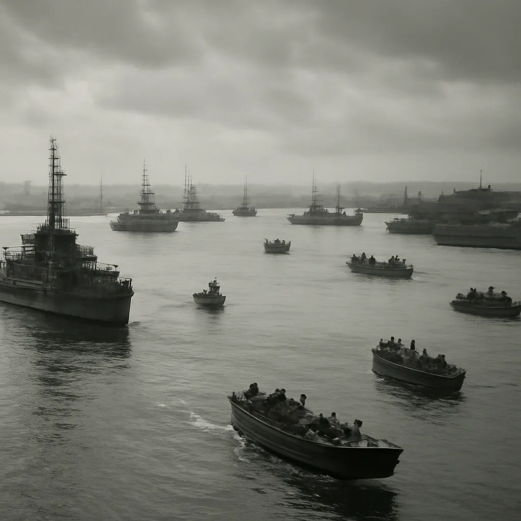 Aerial view of Allied ships anchored in Tokyo Bay with small boats and harbor installations, 1945.
