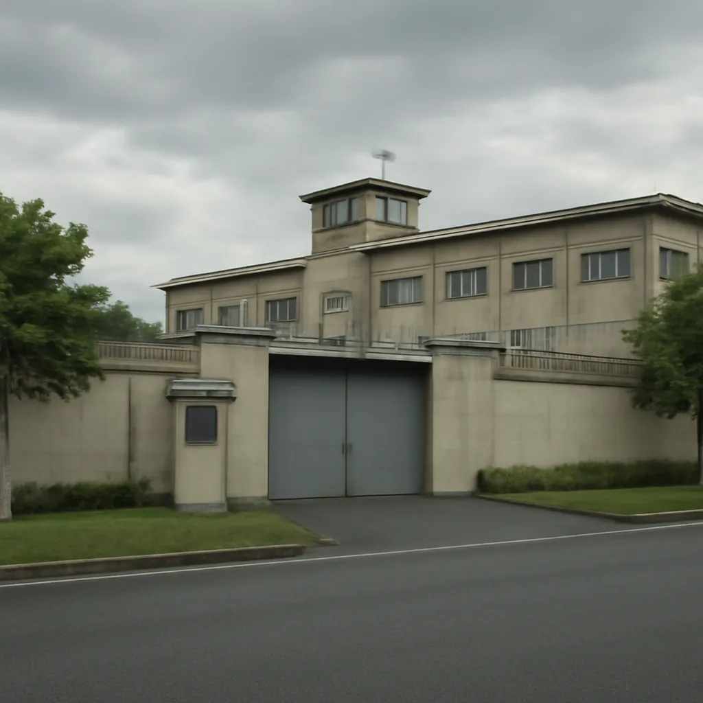 Exterior of a Japanese detention facility entrance and surrounding grounds, overcast sky; no identifiable people.