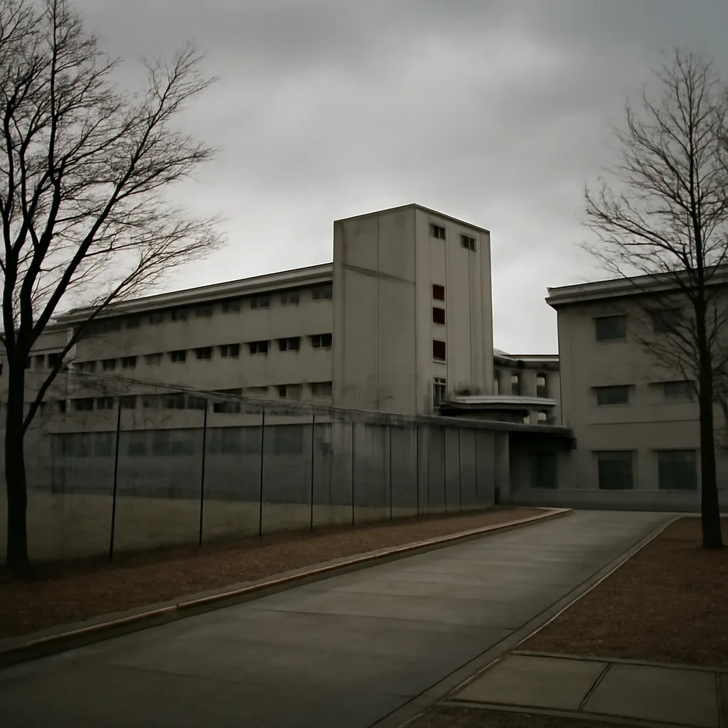 Exterior of a Japanese detention facility seen from outside a secure perimeter under an overcast sky, conveying a somber institutional setting.