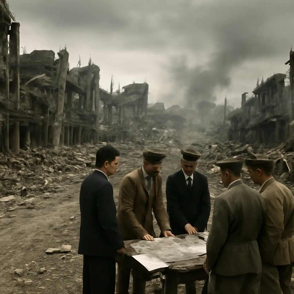Japanese officials and a damaged urban landscape in mid-1945, showing wartime destruction and officials conferring in period military or civilian attire (identities not specified).