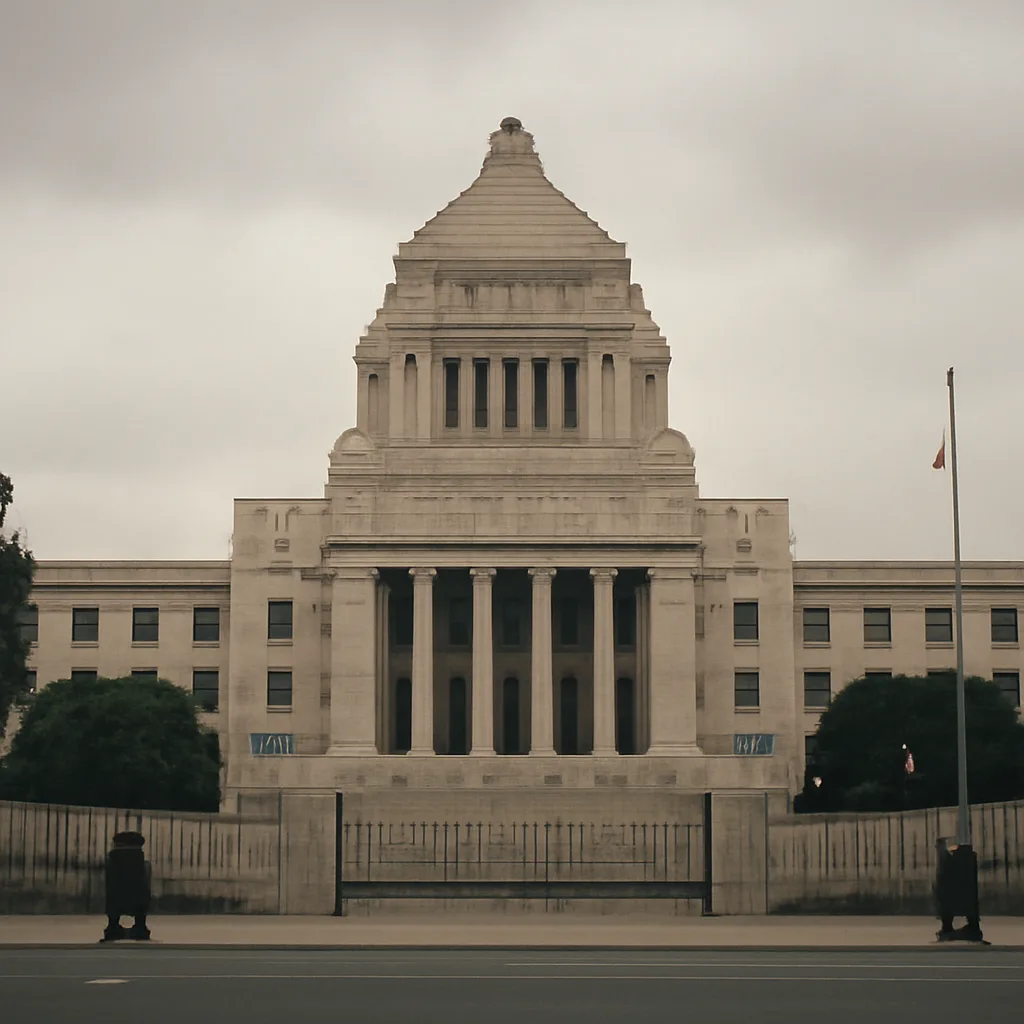 A generic view of the National Diet Building in Tokyo with a somber sky, symbolizing political transition amid a funding scandal.