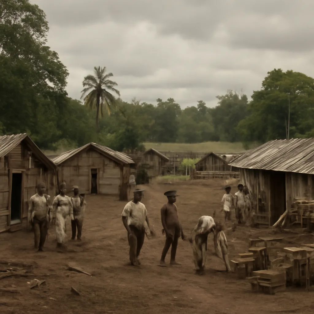 Peoples Temple members at a rural Guyanese clearing in the late 1970s, with simple wooden structures, agricultural tools, and people organizing supplies; faces not identifiable.