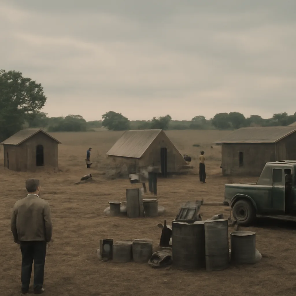 A 1970s-era rural clearing with temporary tents and wooden structures, Peoples Temple-style communal supplies and farming tools on site, no identifiable faces.