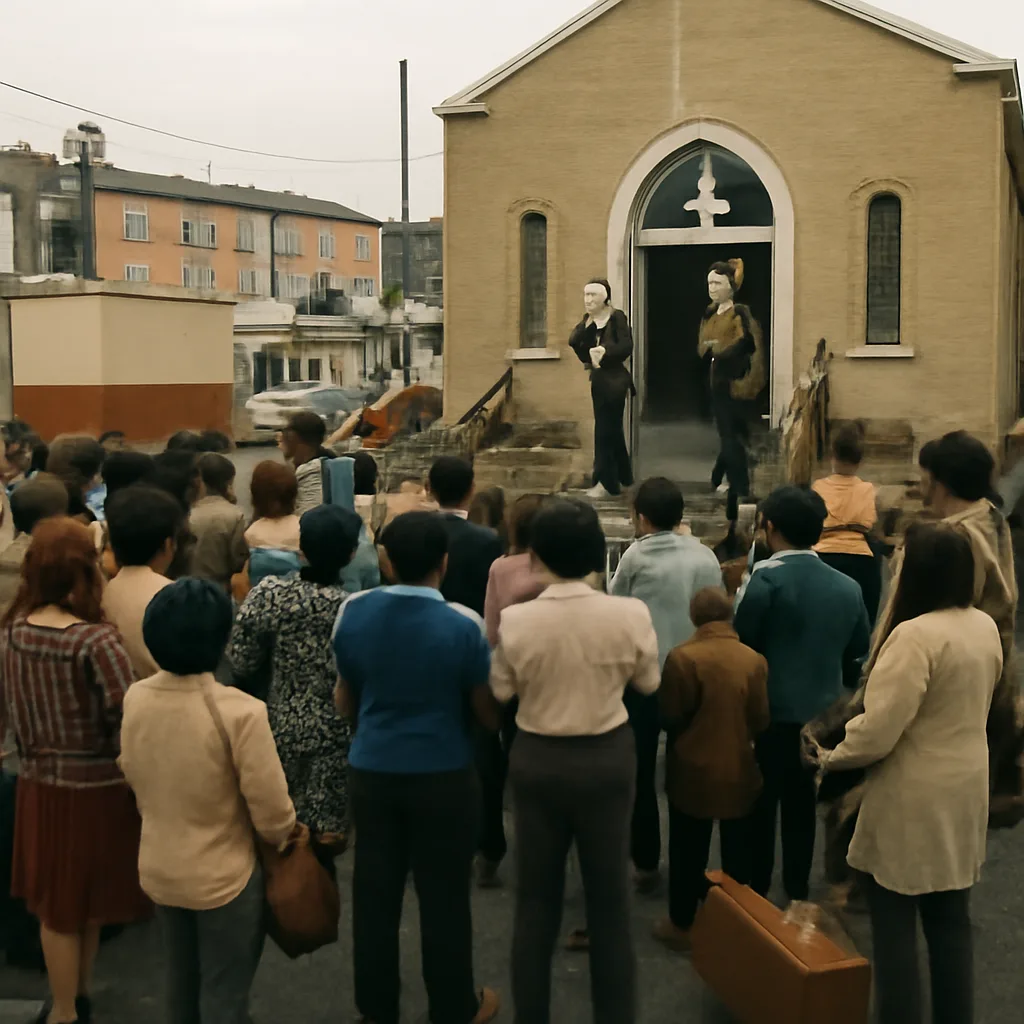 People gathered outside a mid-1970s church building with moving trucks and packed belongings, leaders speaking to a crowd about relocation to a rural communal settlement.
