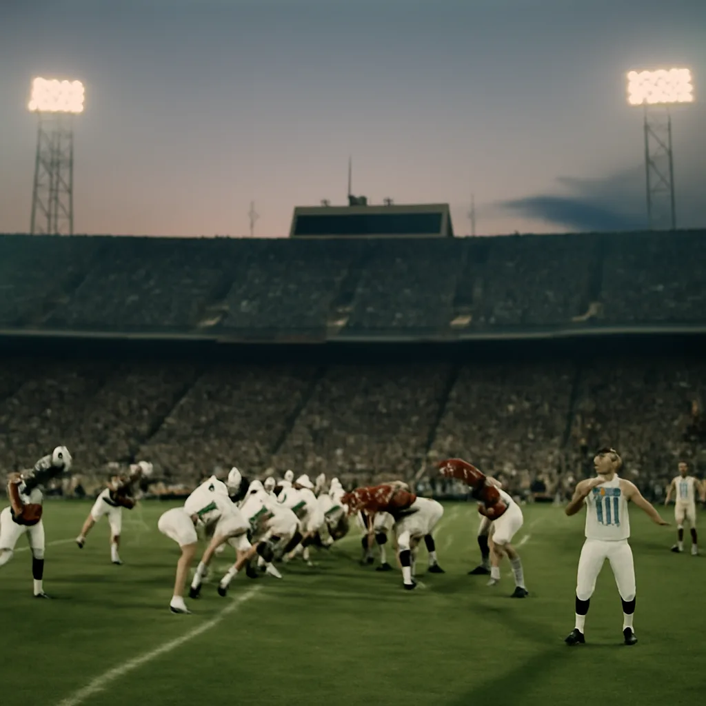 Orange Bowl stadium in Miami on January 12, 1969, with New York Jets players on the field and a crowd in period clothing; game-day atmosphere without close-up identifiable faces.