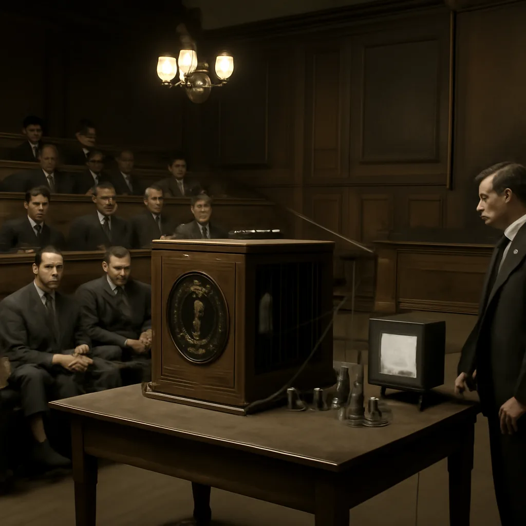 Interior of an early 20th-century lecture room with scientific equipment: a wooden cabinet television transmitter with a spinning disc, wiring, a small illuminated receiver screen showing a faint human face, and seated observers in period dress.