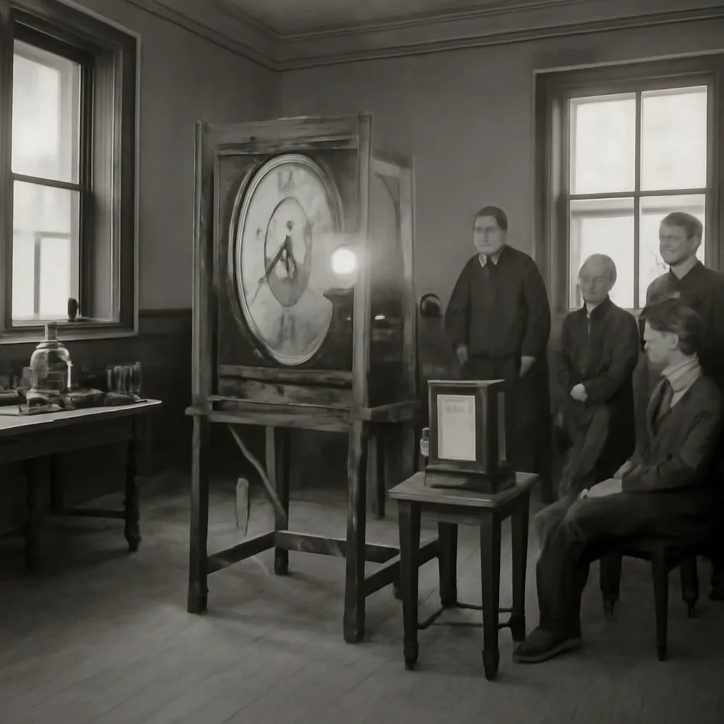 Early 20th-century laboratory room with mechanical television apparatus: a large rotating perforated disc, lamp for illumination, wiring, and a crude receiving screen; attendees in 1920s dress observe from a distance.