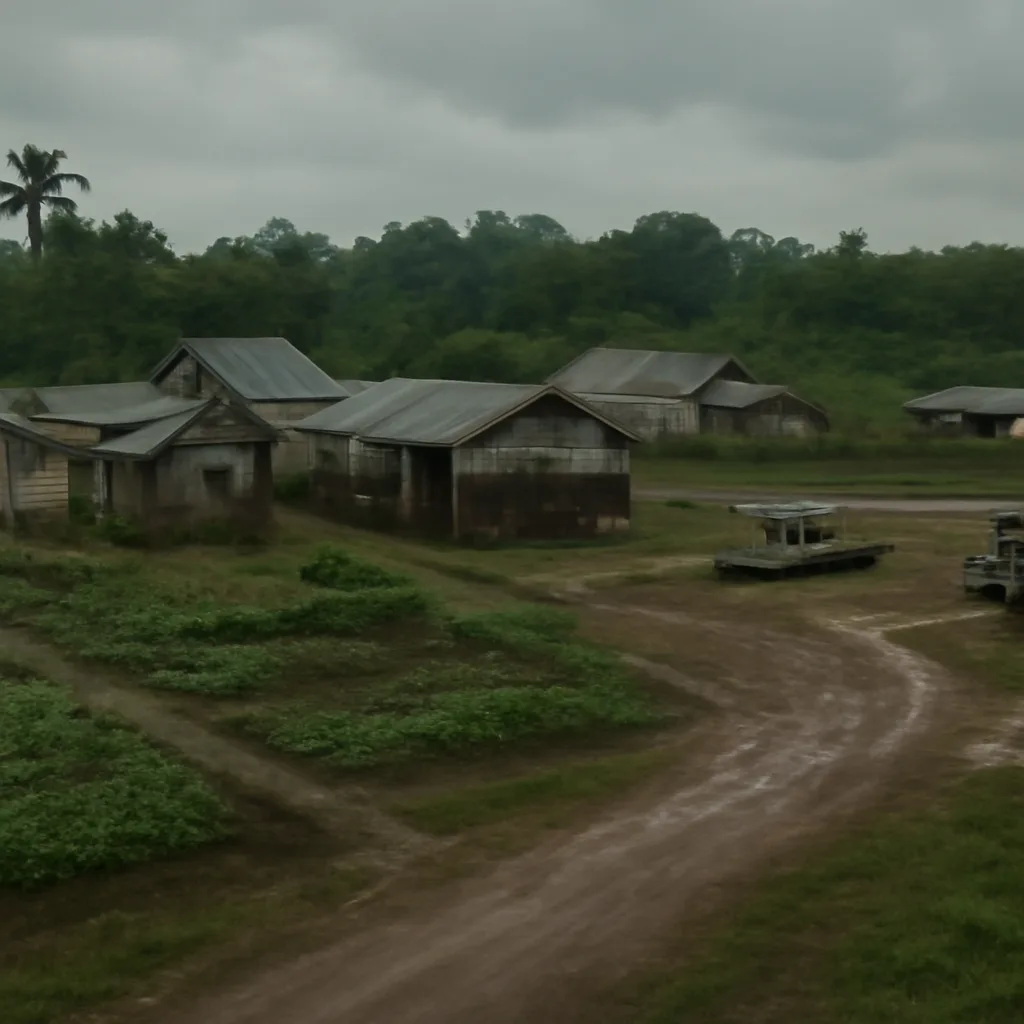 Aerial view of a remote, cleared compound in a tropical Guyanese landscape with simple wooden buildings, vegetable plots, and a small airstrip area; scene conveys a secluded settlement in the 1970s.