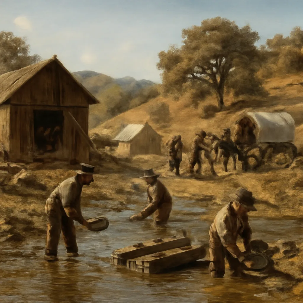Mid-19th-century California riverside mining camp near a rudimentary sawmill and tents, pack animals and a few prospectors working with pans and sluices, with scrubby foothills in the background.
