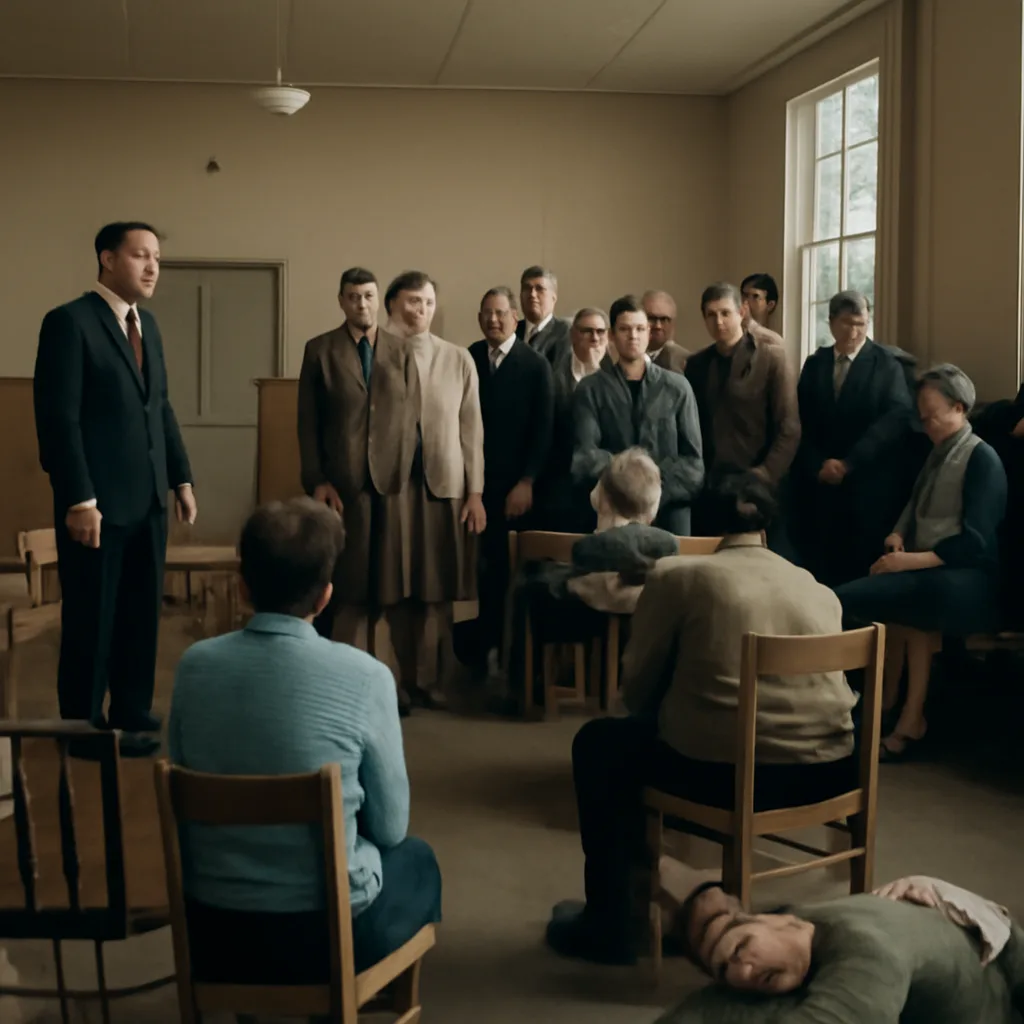 A mid-20th-century classroom or community hall where people sit and stand looking concerned; a teacher or official speaks to the group while others show signs of distress or fainting.