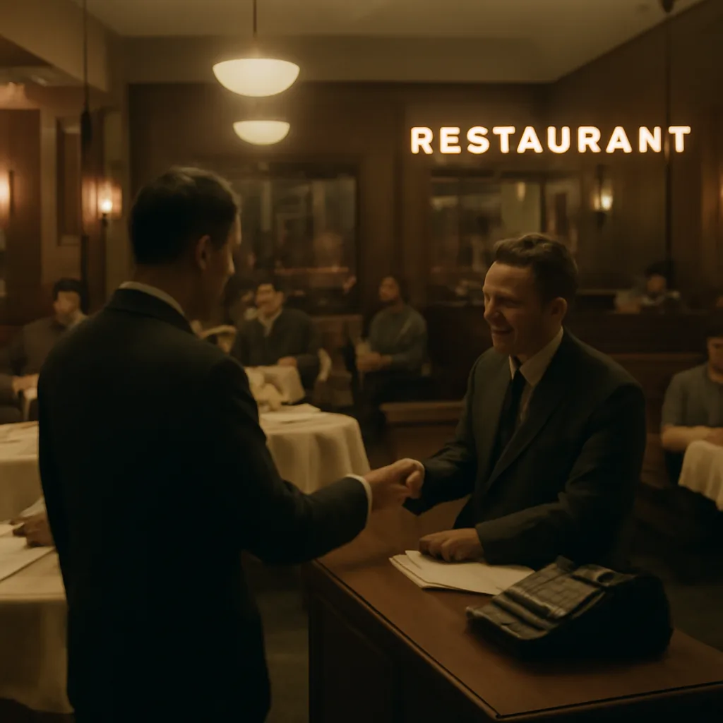 A 1950s-era restaurant scene in New York City: a wooden-clad dining room with patrons at tables and a man at a host stand presenting an early Diners Club card on a cardboard holder to a cashier at a counter.