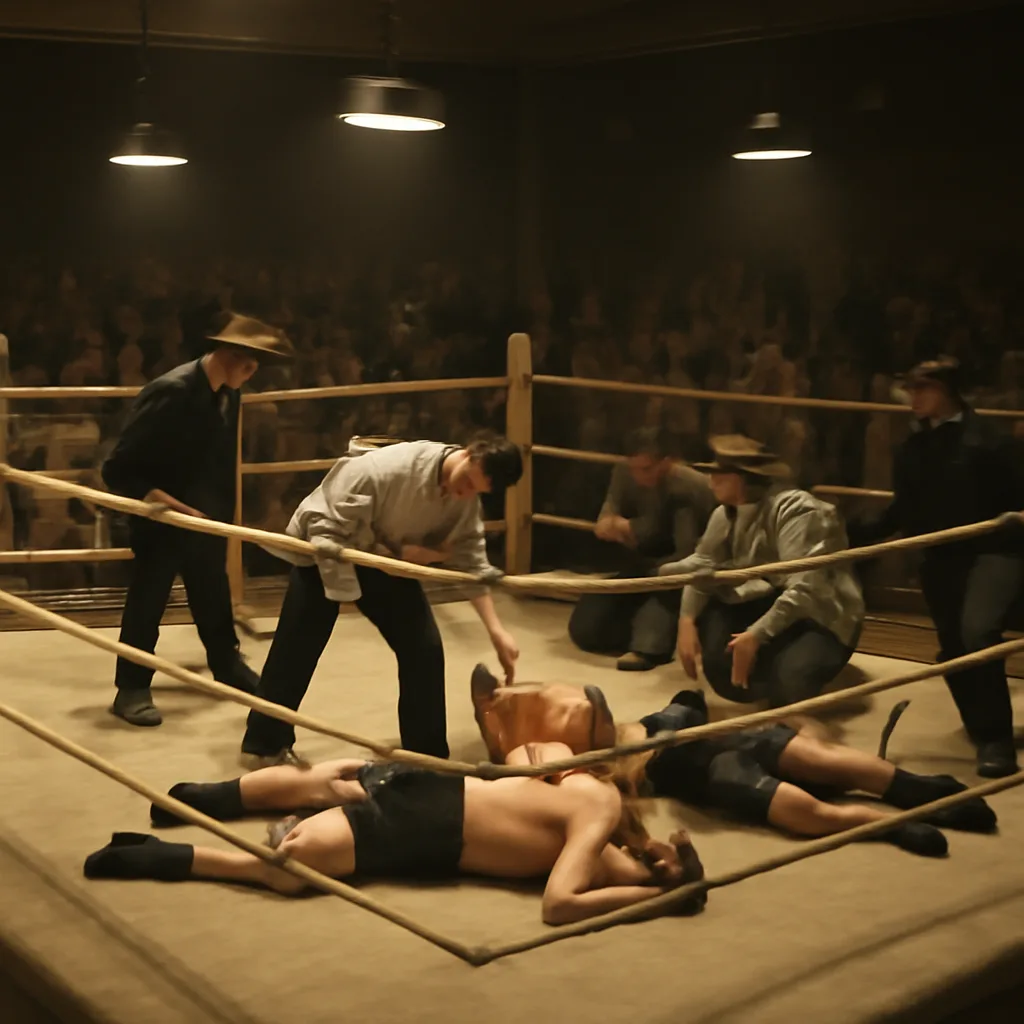 A mid-20th-century boxing ring in an indoor arena, with the referee and two exhausted fighters collapsed on the canvas while medical and corner men approach; crowd and period lighting visible.