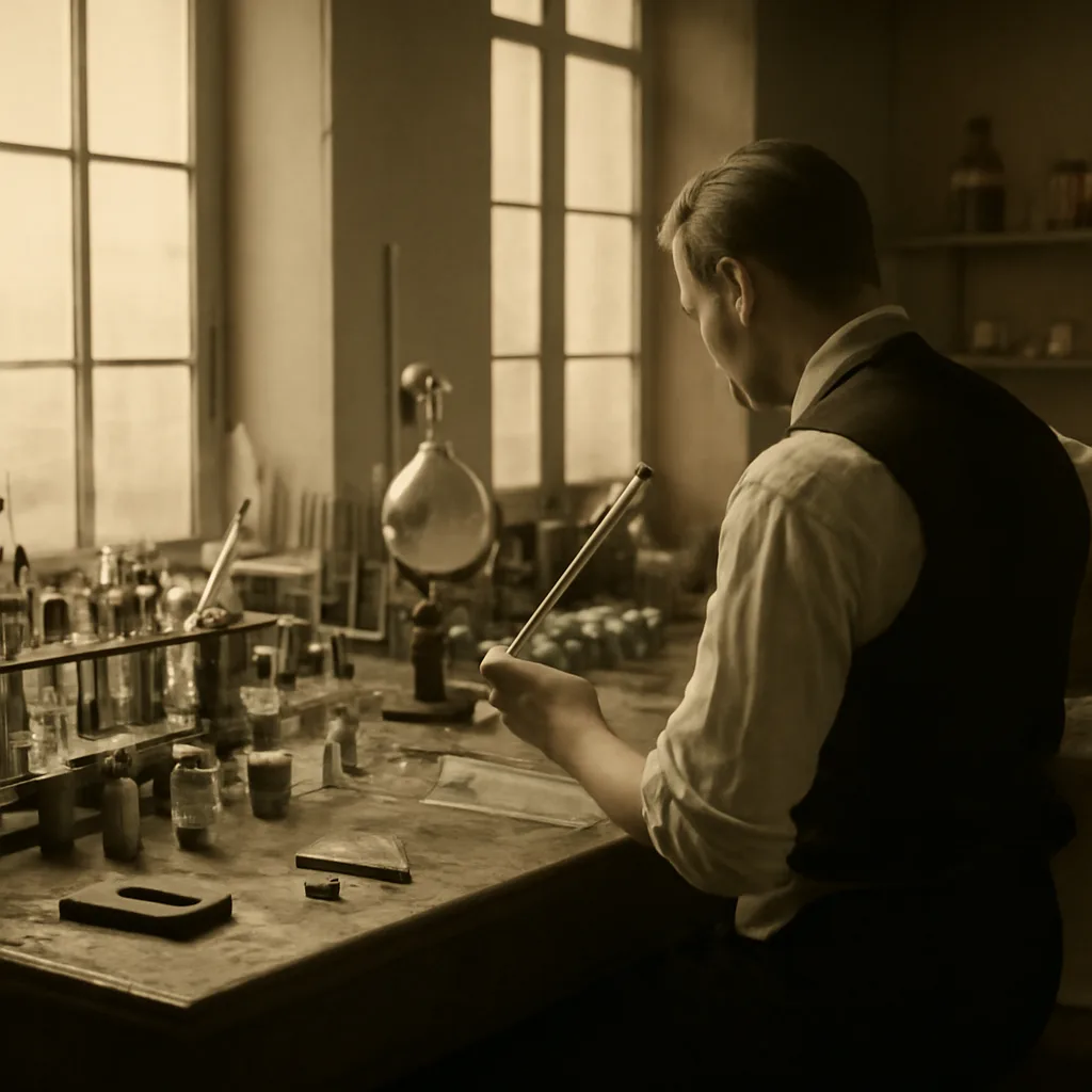 Early 20th-century laboratory bench with glass test tubes, pipettes, small glass bottles labeled generically, and a researcher’s hands mixing blood samples over a wooden table; period-appropriate clothing and equipment, no identifiable faces.