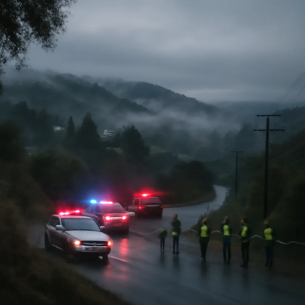 A foggy hillside near Calabasas, California, with emergency response vehicles and personnel at a wooded crash site; overcast sky and police tape visible.