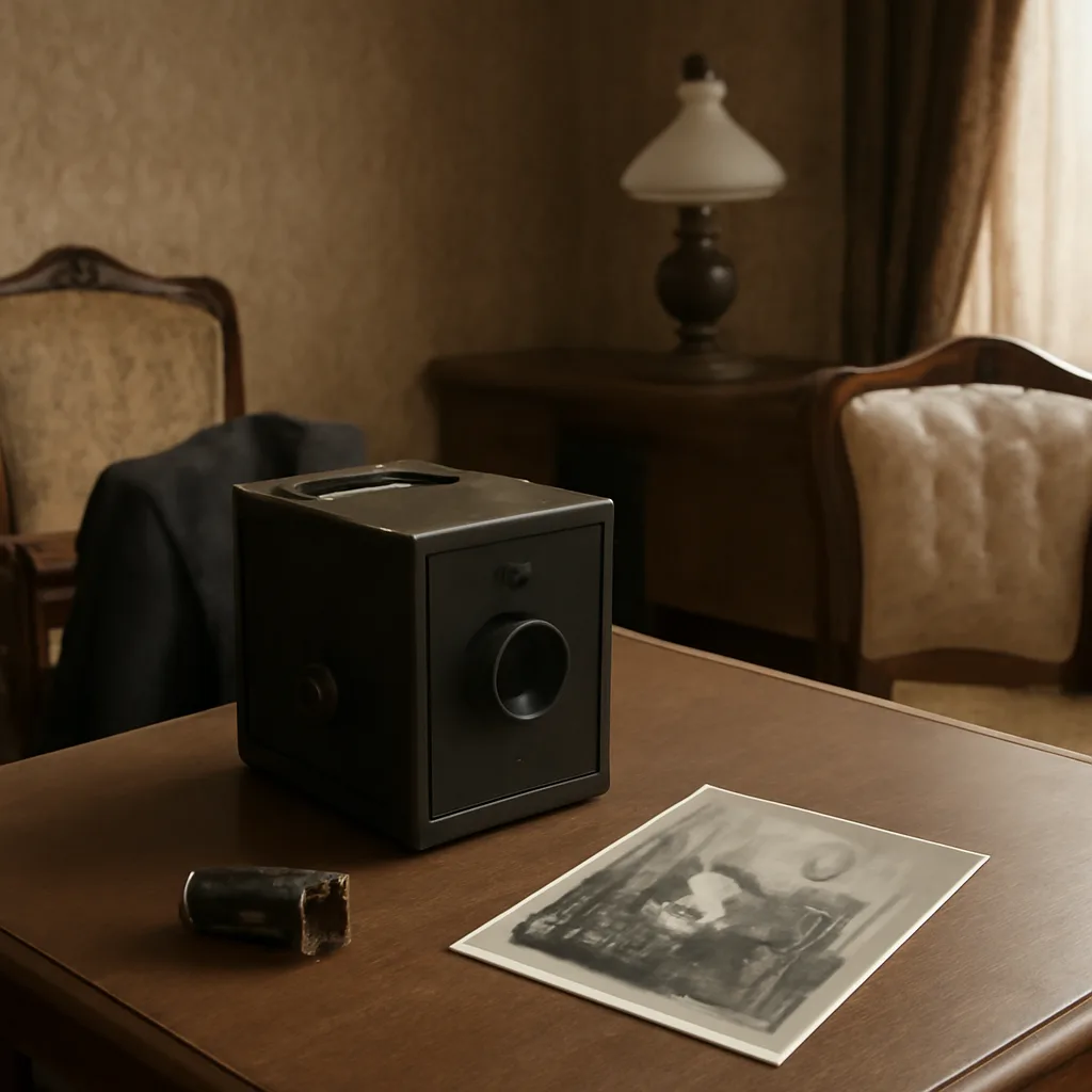 A turn-of-the-century wooden tabletop scene showing an early roll-film box camera (Kodak-style) on a table beside spooled film and a printed family photograph, with period-appropriate clothing and furnishings visible.