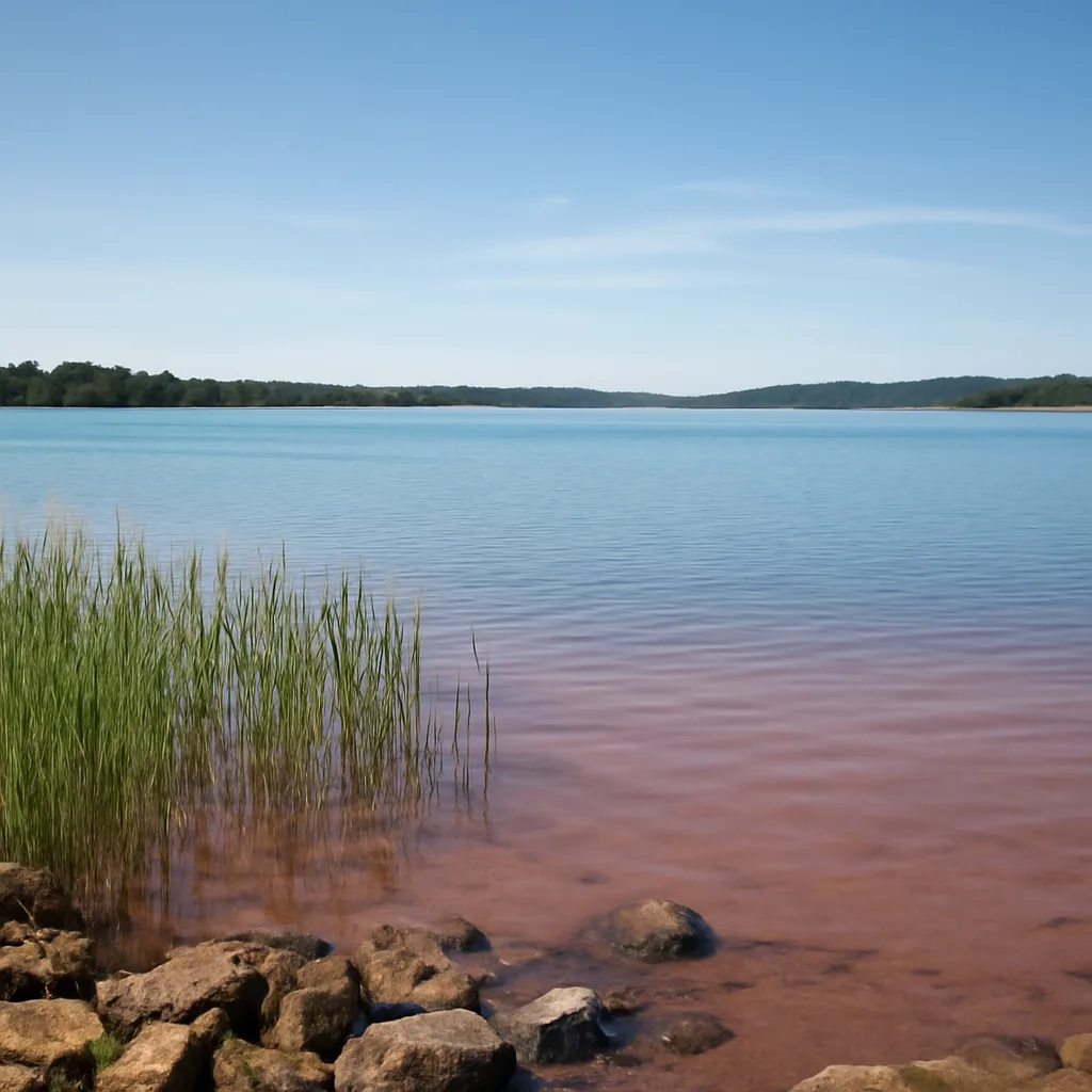 A wide view of a lake with pink-hued surface water along the shallows, reeds at the shoreline, and a distant tree line under a clear sky.