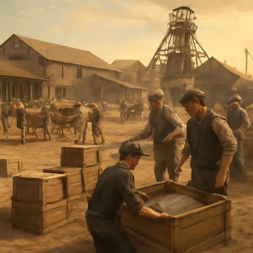 Wide view of early 20th-century miners and surface buildings at the Premier (Cullinan) Mine near Pretoria, with rough stone crates and mining equipment typical of the era.