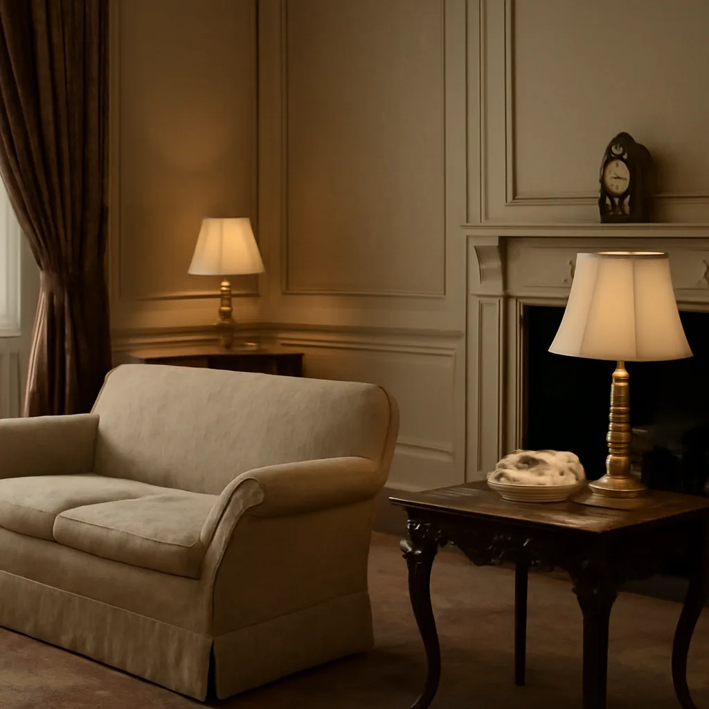 A 1990s-era reception room in a British royal residence with period furnishings and a landline telephone on a side table, suggesting private conversations in an official household.