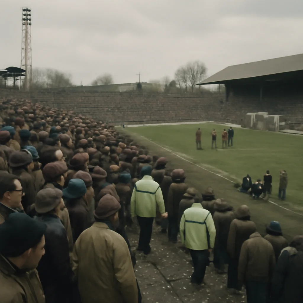 1980s English football ground terraces and pitch, stewards and players paused near goalmouth after a pitch-side incident