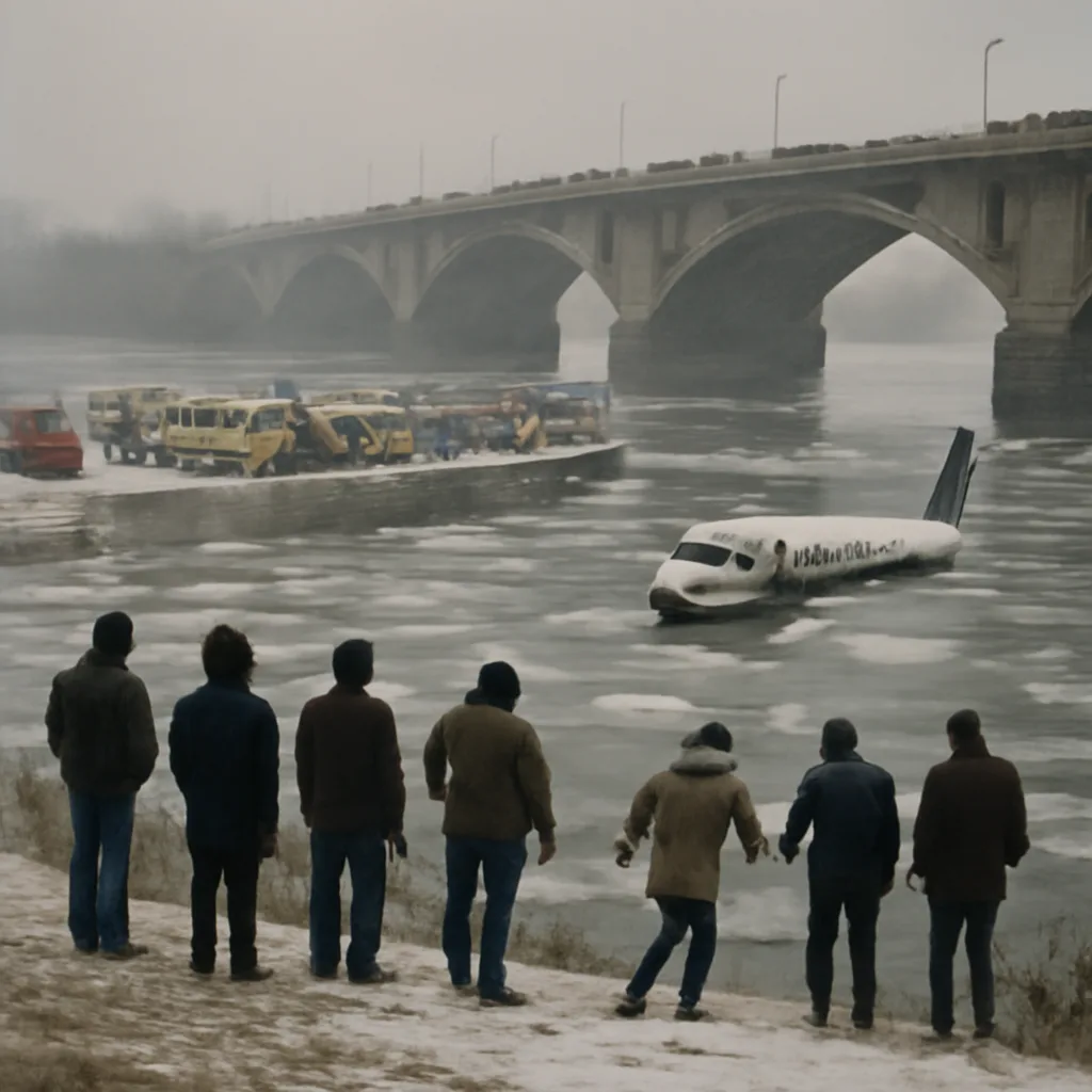 Bystanders on the frozen Potomac River shoreline near the 14th Street Bridge after the 1982 Air Florida crash; ice floes and emergency responders visible, with a partially submerged aircraft fuselage in the river.