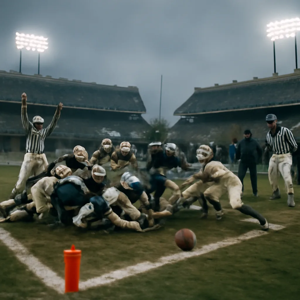 1993 NFL playoff scene at Texas Stadium showing a loose football near the goal line with players reaching for it amid a chaotic pileup; sideline officials and teammates react in the background.