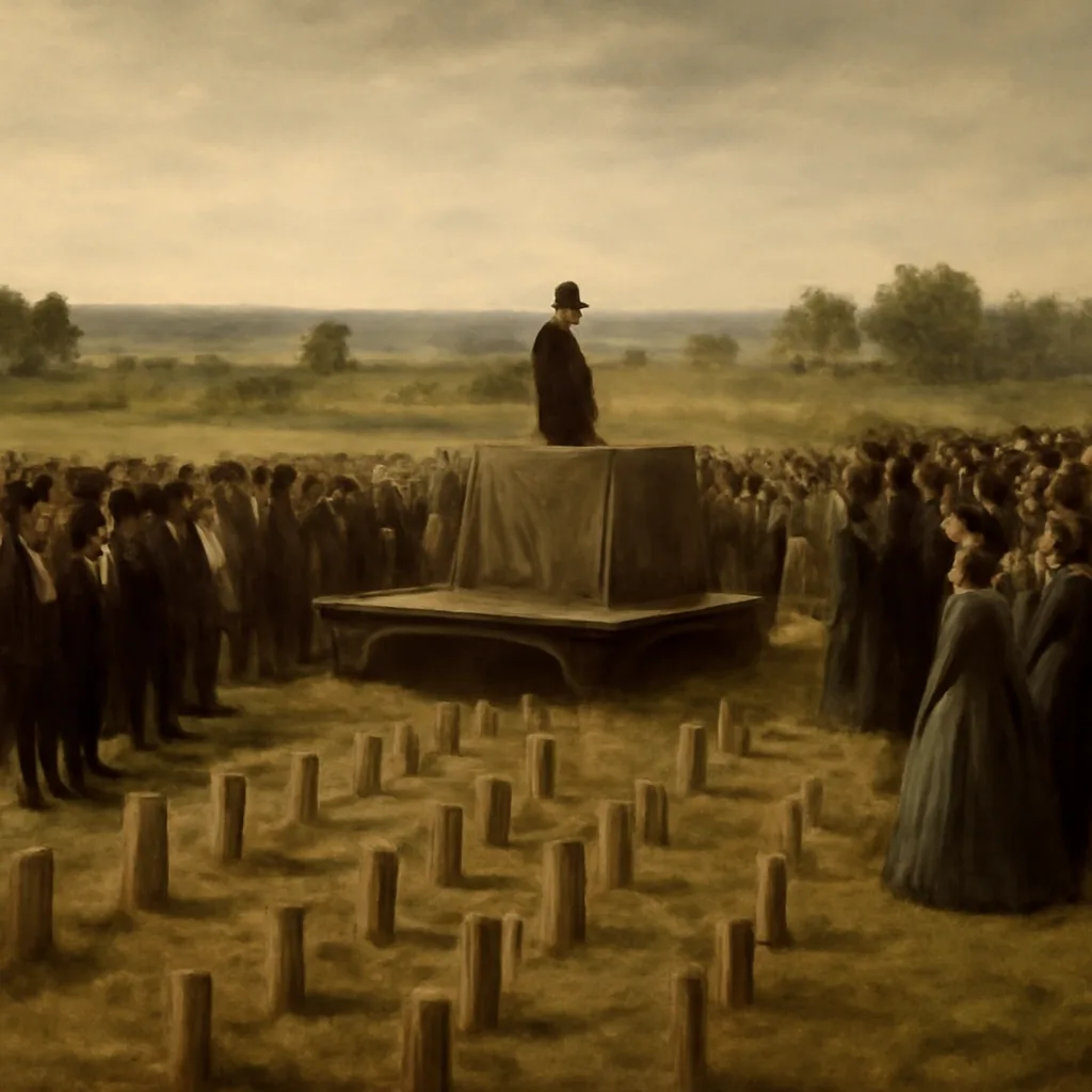 Crowd gathered at the dedication of Gettysburg National Cemetery, 1863, with a speaker’s platform and rows of newly marked graves in a rural landscape.