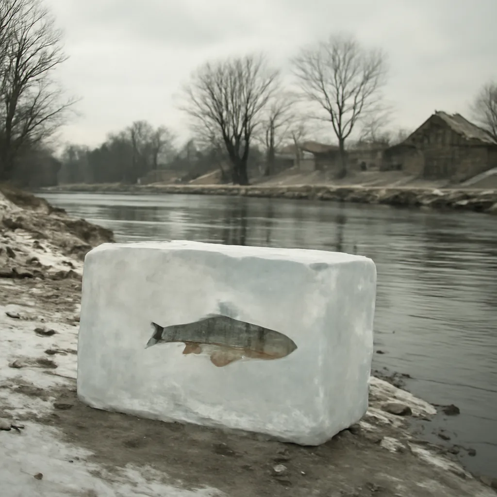 A fish partially visible within a cloudy block of river ice, with snow and riverbank visible nearby under overcast winter light.