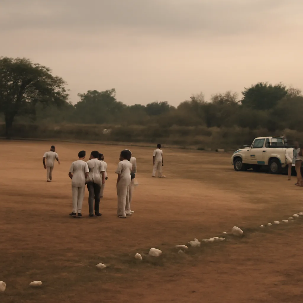 A rural Indian village cricket ground with players gathered near a grassy edge and low stone wall; an ambulance or vehicle is parked nearby.