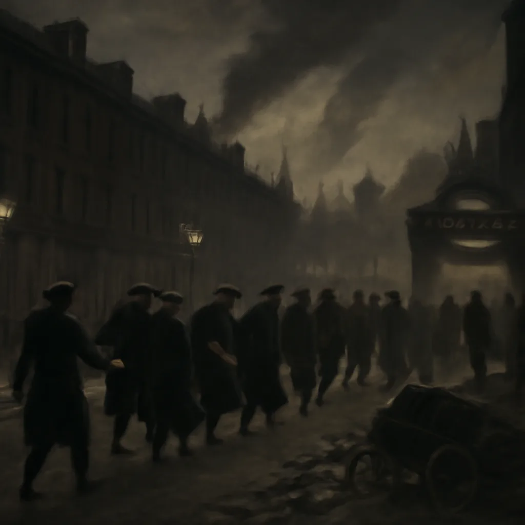 Wartime London skyline at dusk with smoke rising in the distance, blackout curtains drawn in windows and people moving toward Underground station entrances; no identifiable faces.