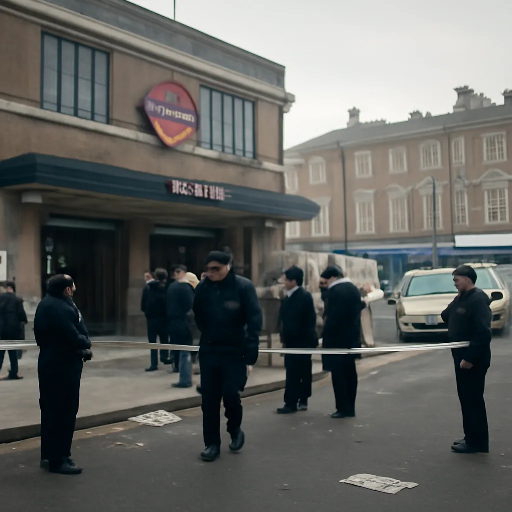 London Underground station entrance with police cordon and uniformed officers conducting an investigation after bombings; nearby commuters and emergency vehicles.