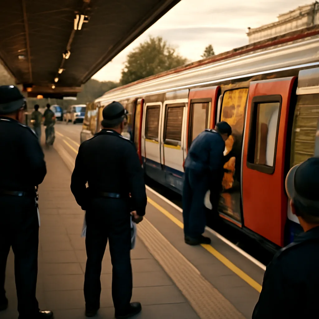 London Underground carriage and platform with emergency services presence; police cordon and investigators near train doors, no identifiable faces visible.