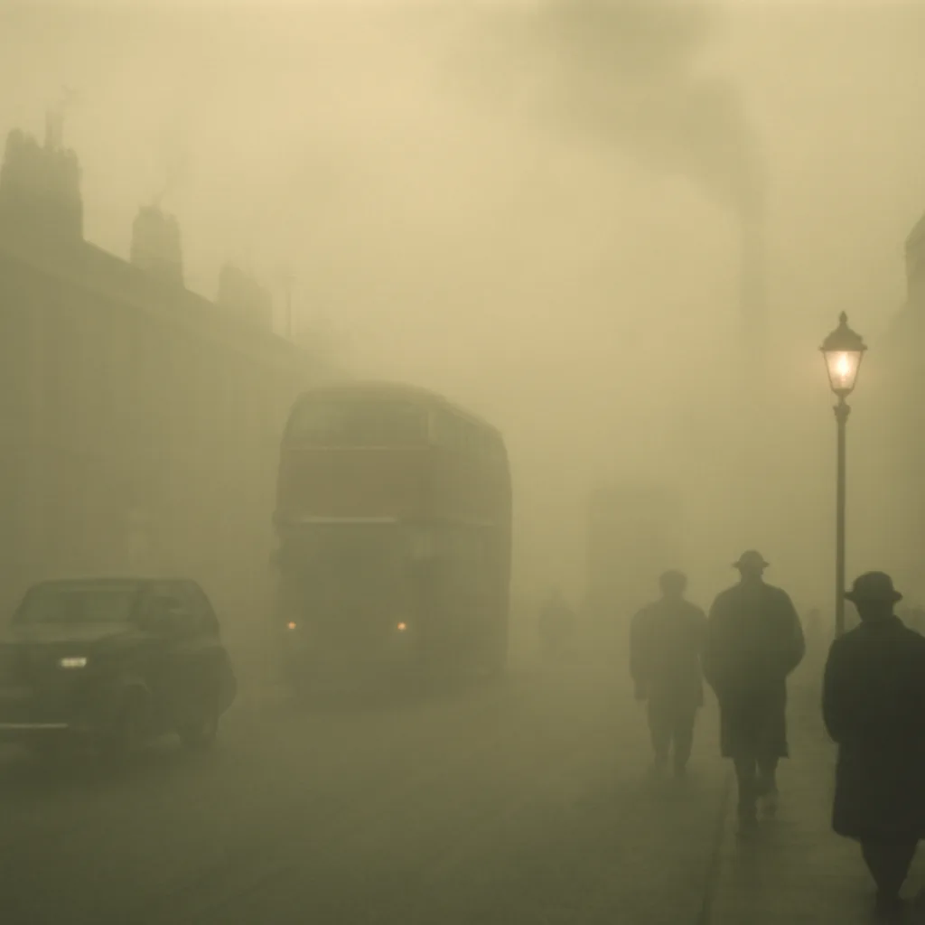 Thick, yellowish fog lingering over mid-20th-century London streets with diminished visibility, vehicles and pedestrians obscured, and smoke-emitting chimneys in the background.