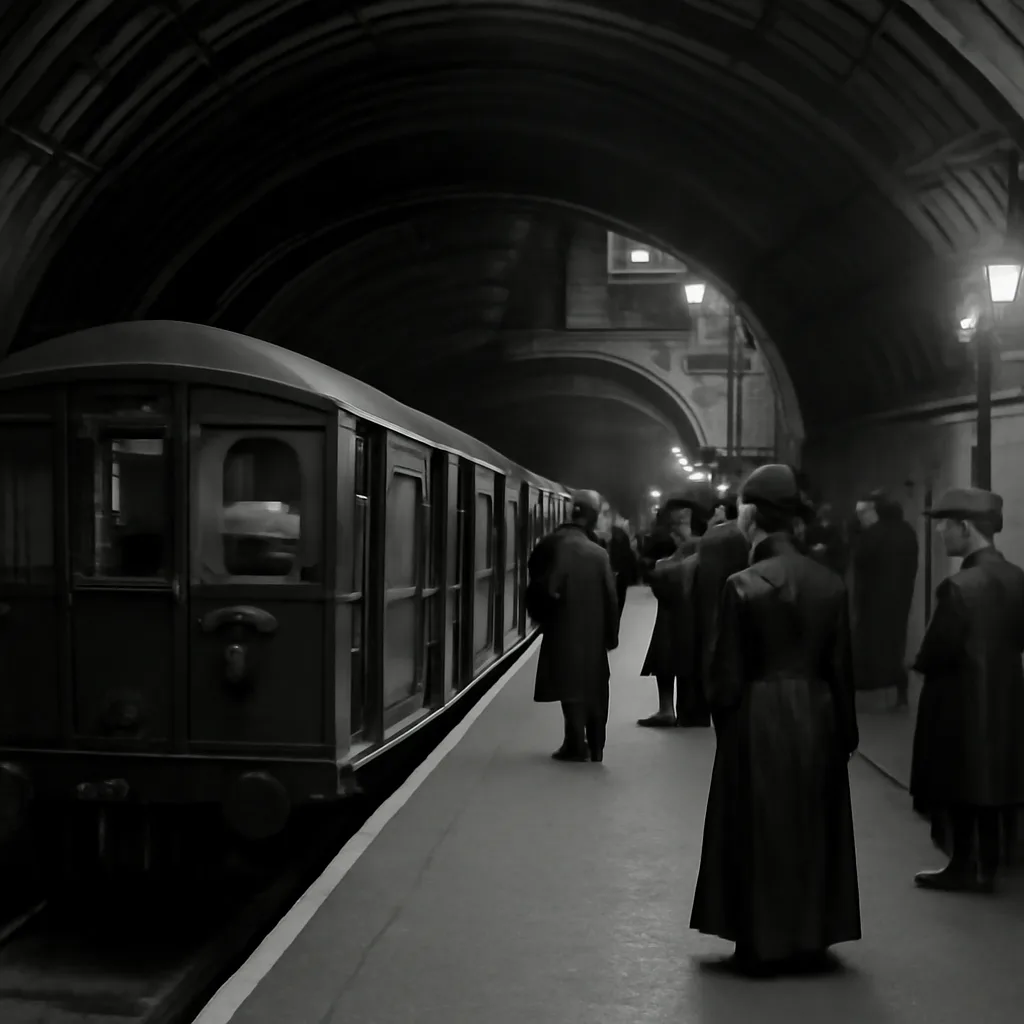 Early 20th-century deep-level Underground tunnel and platform with a small-profile electric train and period station fittings, seen from a slight distance; no identifiable faces.