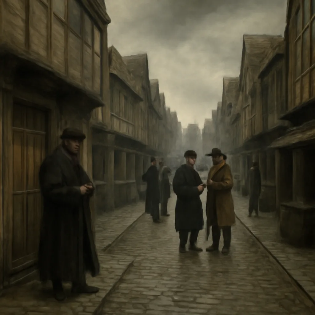 London street in 1665 with timber-framed houses, a house doorway marked to indicate infection, a posted watchman outside, and citizens keeping their distance.