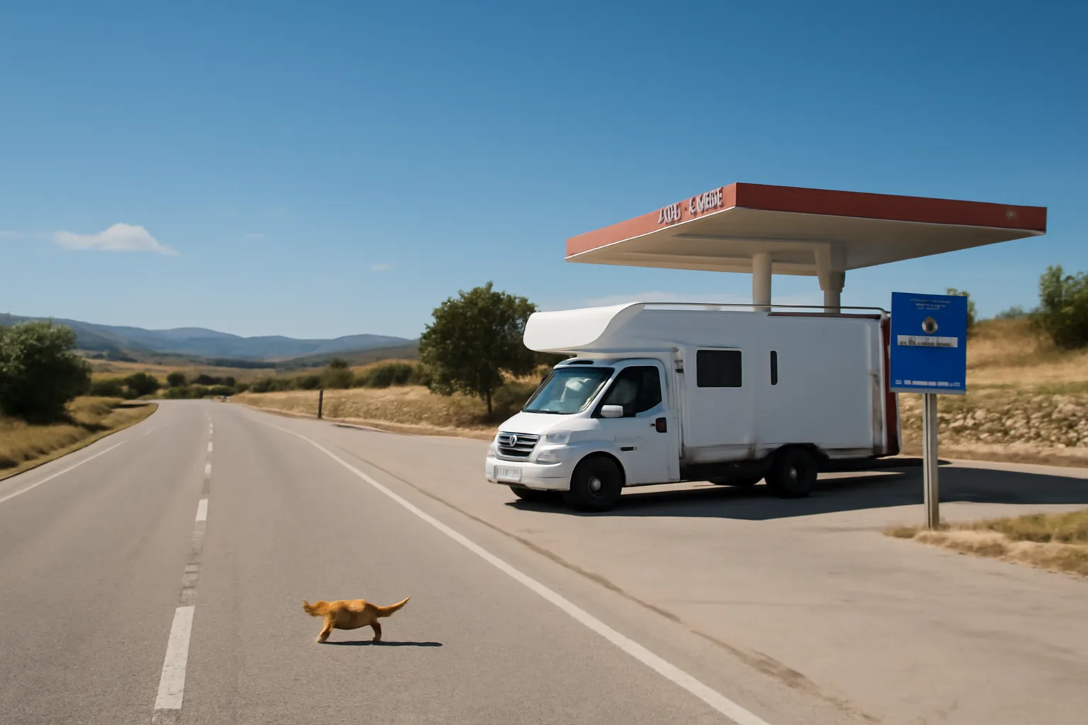 Cat walking along the side of a rural road near a camper parked at a gas station in a European countryside setting