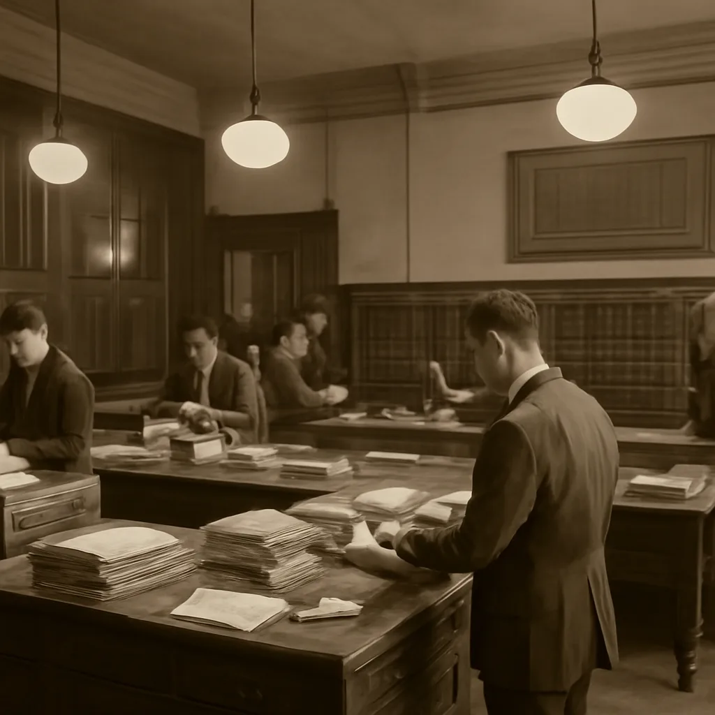 Early 20th-century post office interior with clerks sorting mail and stacks of envelopes and parcels on wooden tables, circa 1910.