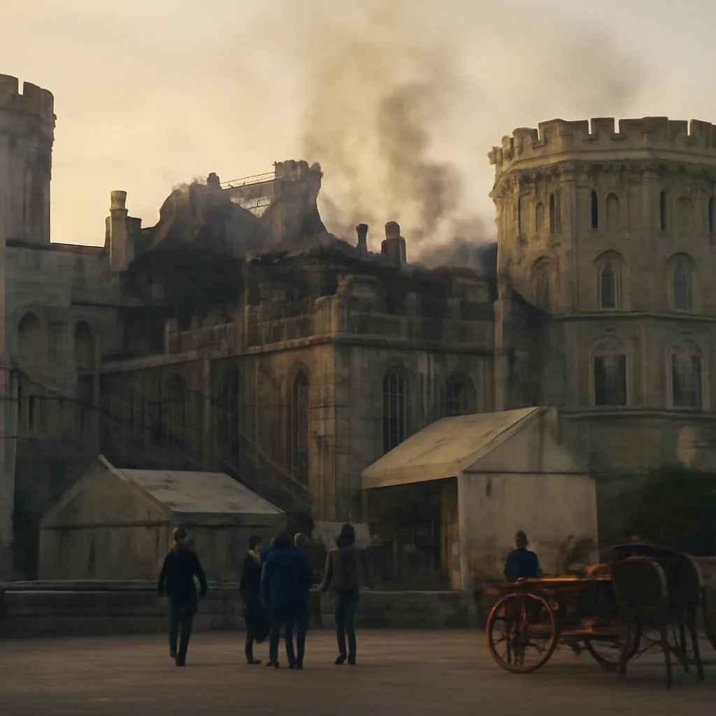Windsor Castle exterior at dusk with scaffolding and smoke damage visible on the roofline; emergency lights and conservation scaffolding around damaged sections.