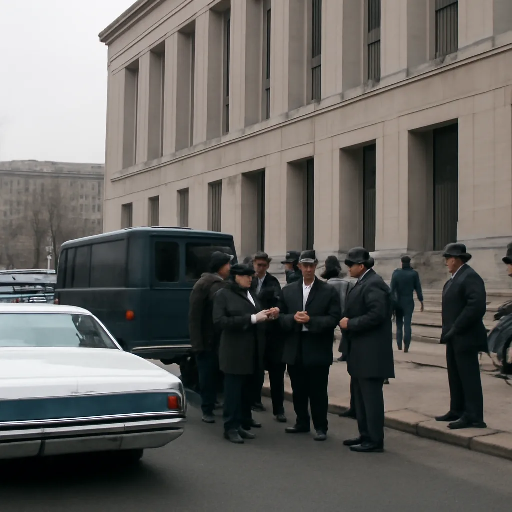 Police vehicles and federal agents outside a Manhattan federal courthouse during a 1980s-era organized-crime arrest operation, with plainclothes officers and law-enforcement insignia visible but no identifiable faces.