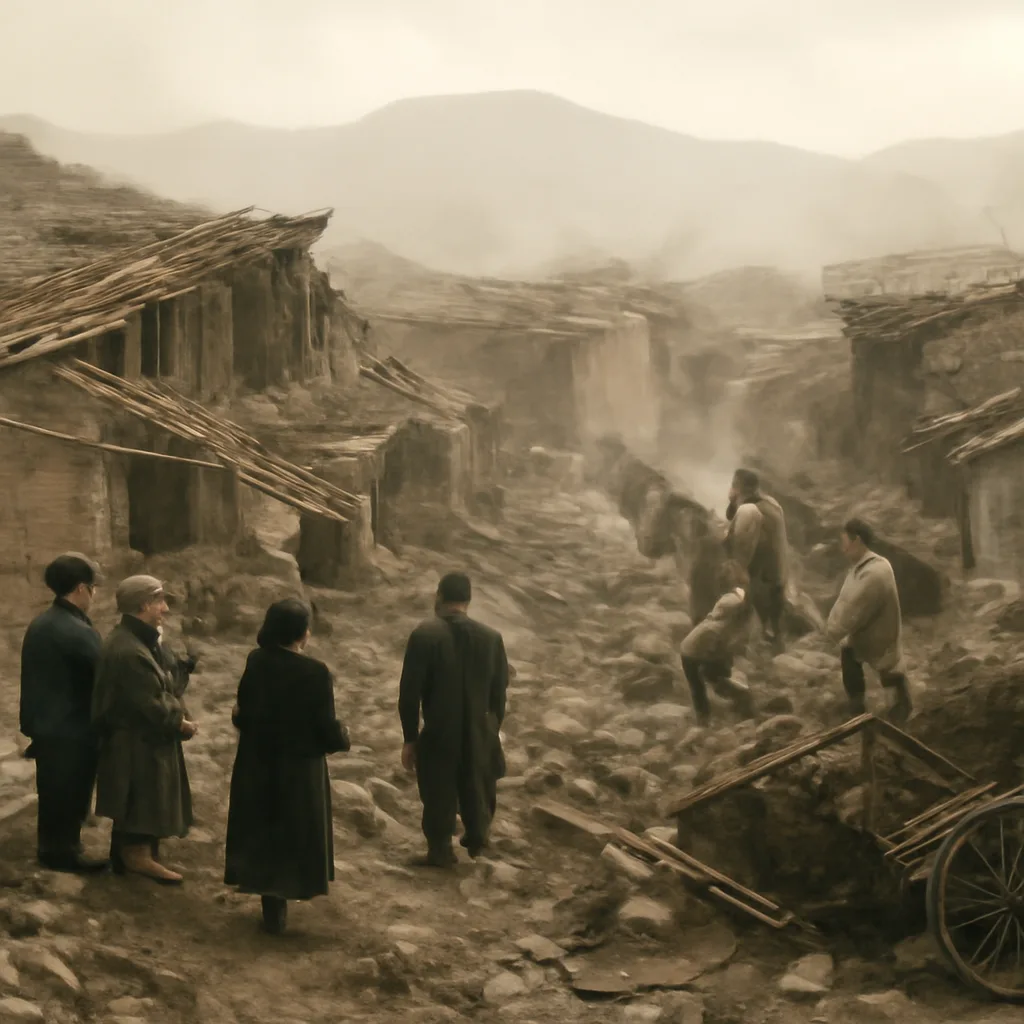 Ruined masonry buildings and collapsed homes in a rural western Iran village after a major 1977 earthquake; people gather amid rubble and dust.