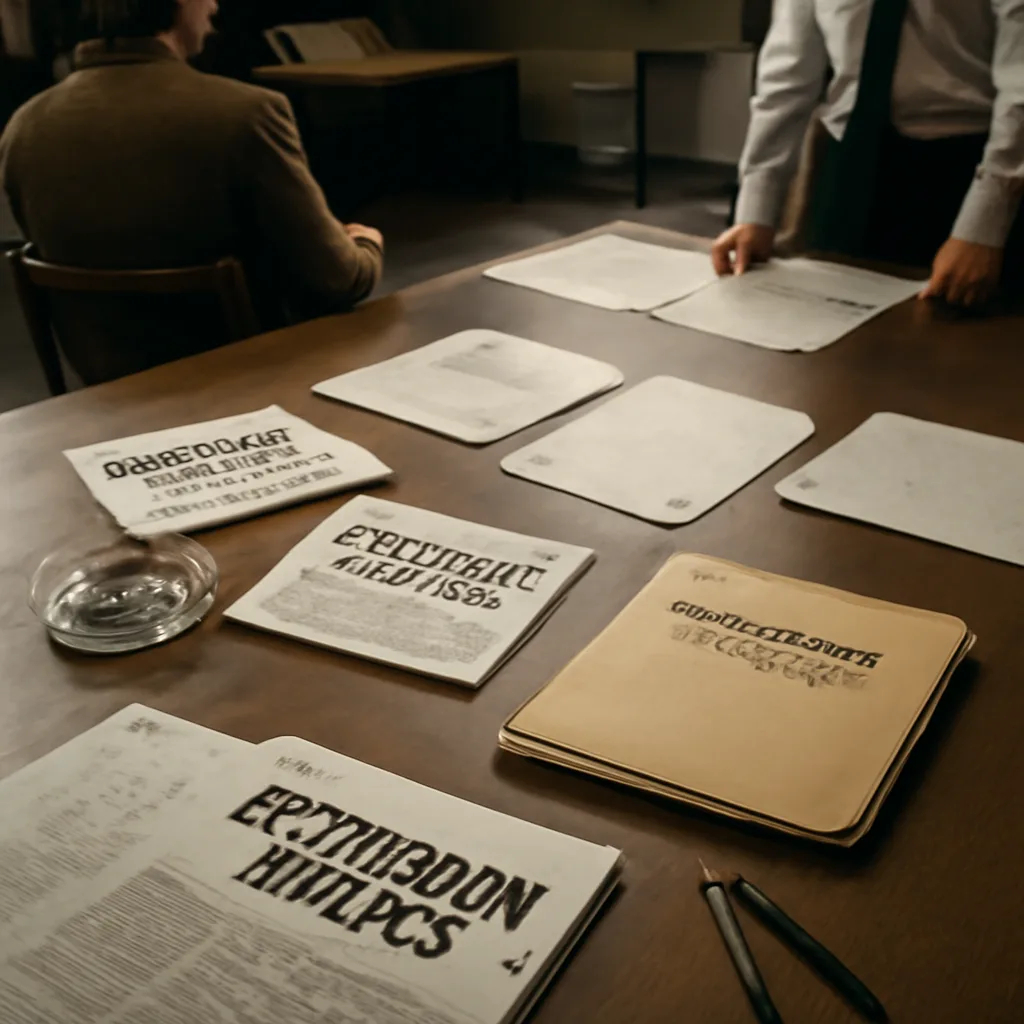 Stacks of newspapers from June 1971 with headlines about the Pentagon Papers spread on a table, alongside typed pages and a government document folder labeled 'Department of Defense'.