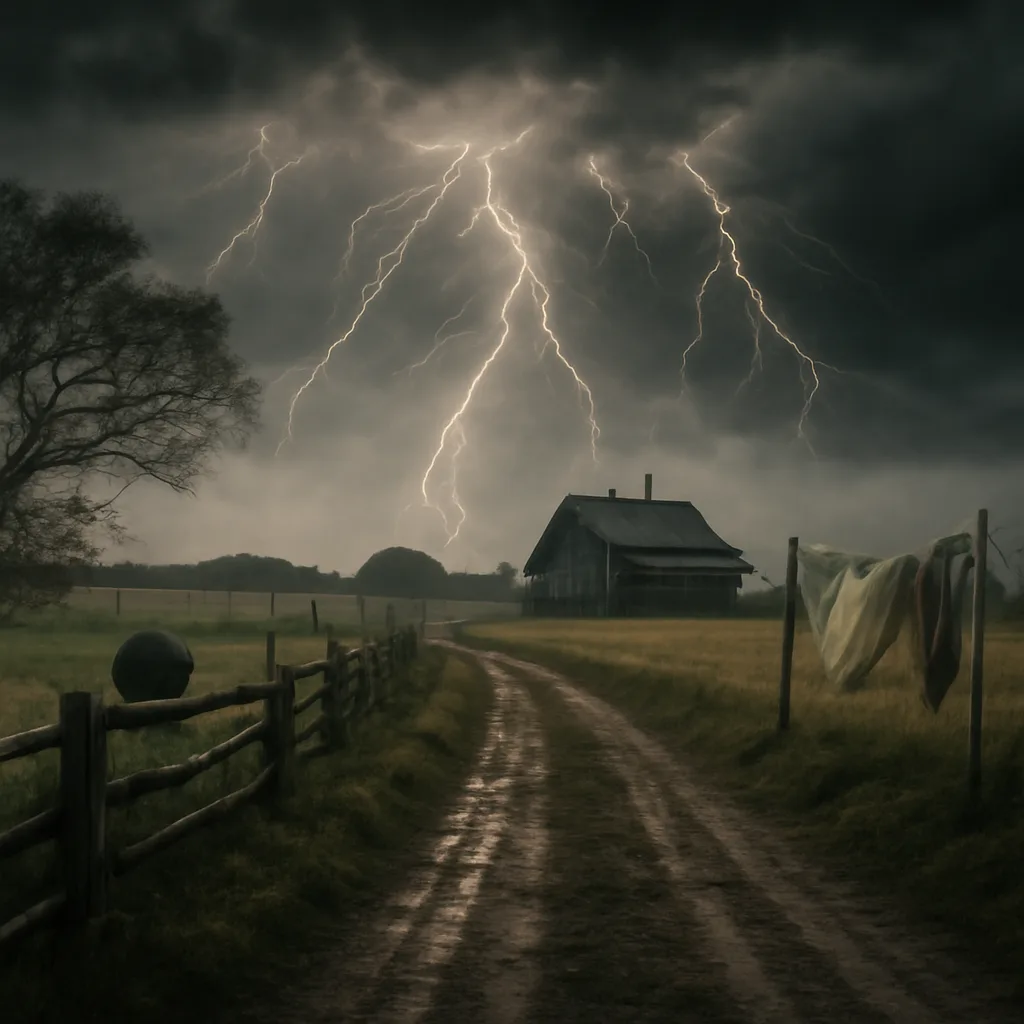 Early 20th-century rural scene during a thunderstorm: a dirt road, wooden fences, a distant farmhouse, dark storm clouds and streaks of lightning illuminating the sky.