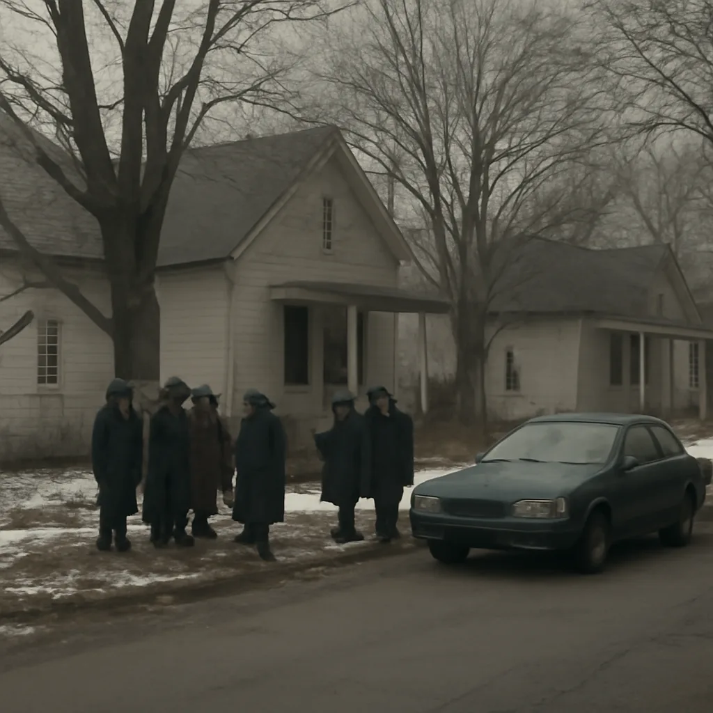 A small-town street outside modest houses with a group of somber people gathered near a front yard; scene evokes community shock and concern in winter.