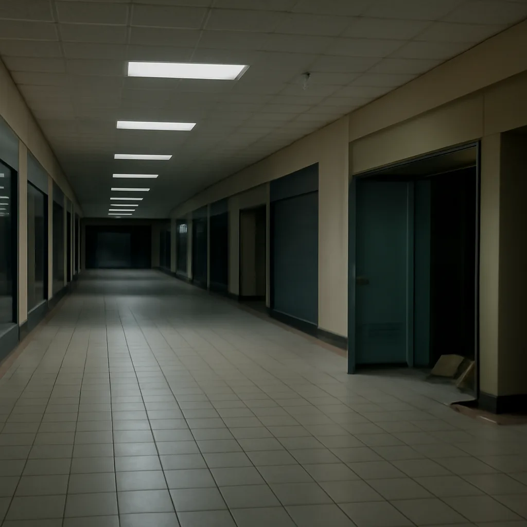 Interior view of a large, empty shopping mall corridor showing closed storefronts, a service door partially ajar, scattered discarded items and a folded blanket in a recessed utility alcove.