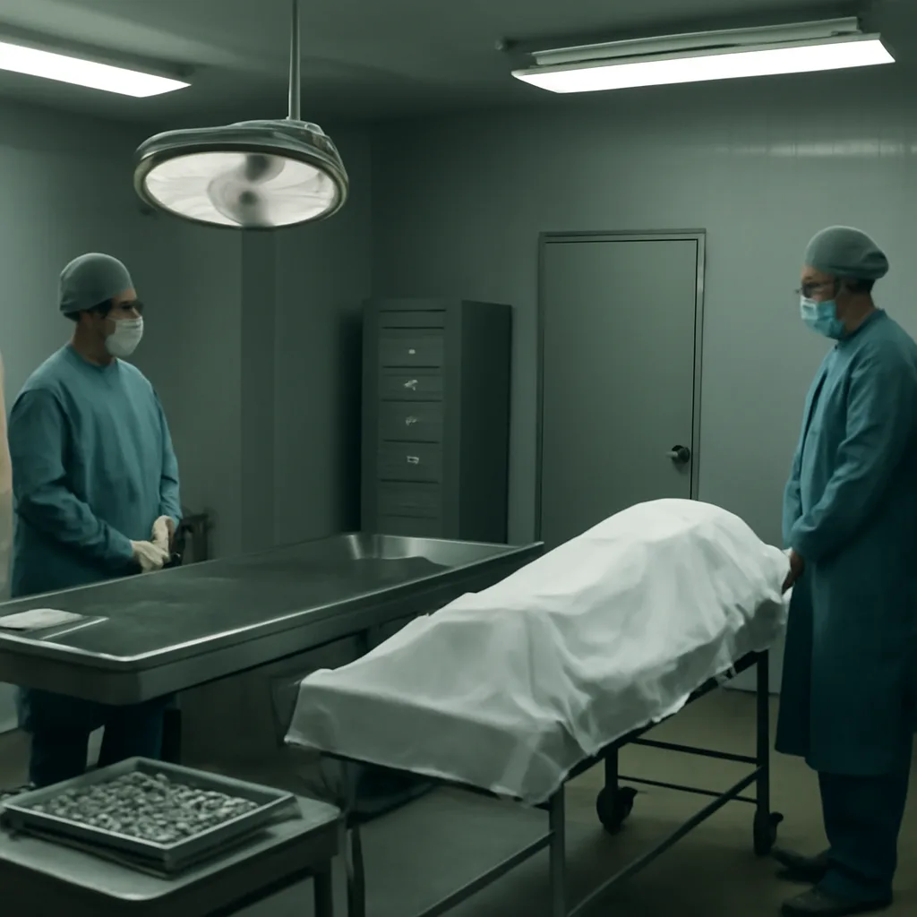 Hospital mortuary room with a covered stretcher and clinical staff in protective gowns and gloves preparing instruments; subdued lighting and a somber, clinical atmosphere.