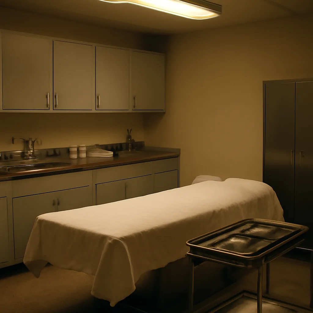 Funeral home preparation room with embalming table, instruments, and subdued lighting; no identifiable people.