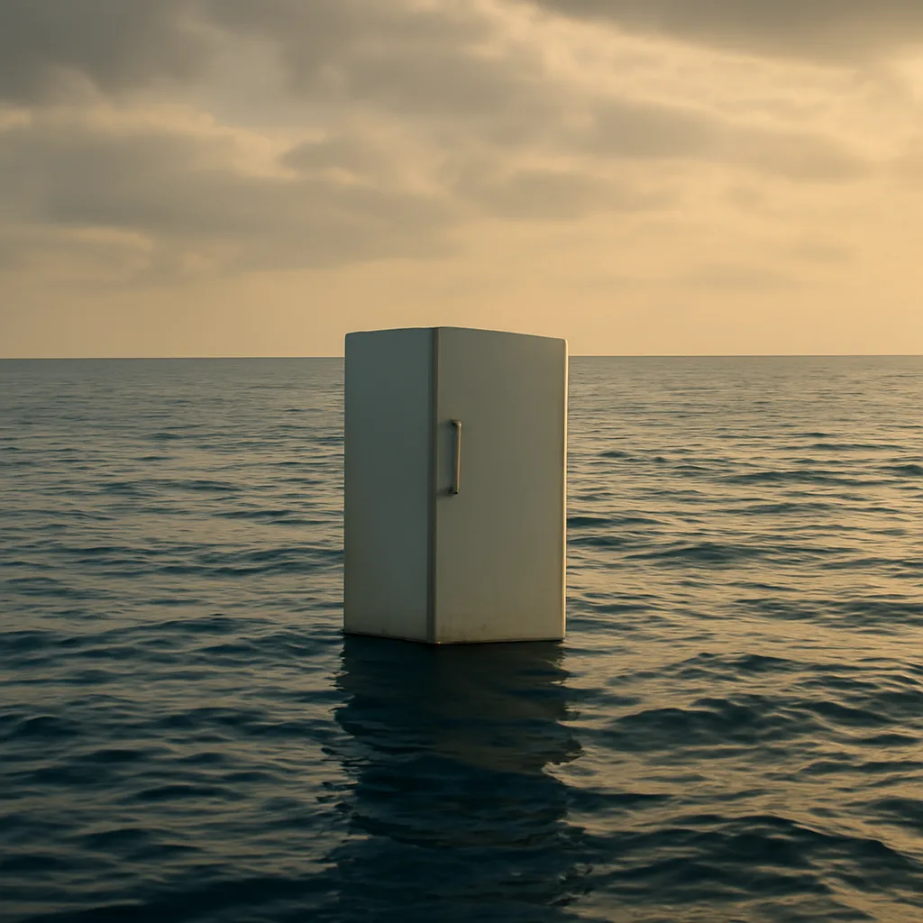 A refrigerator floating on open ocean waters at sunset, surrounded by gentle waves; no people visible.