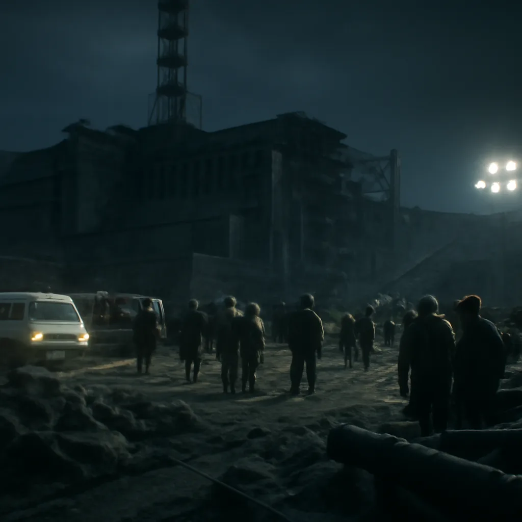 Nighttime scene at the Chernobyl plant compound in April 1986: damaged industrial buildings, emergency vehicles and workers in protective clothing under floodlights; debris and makeshift barriers in foreground.